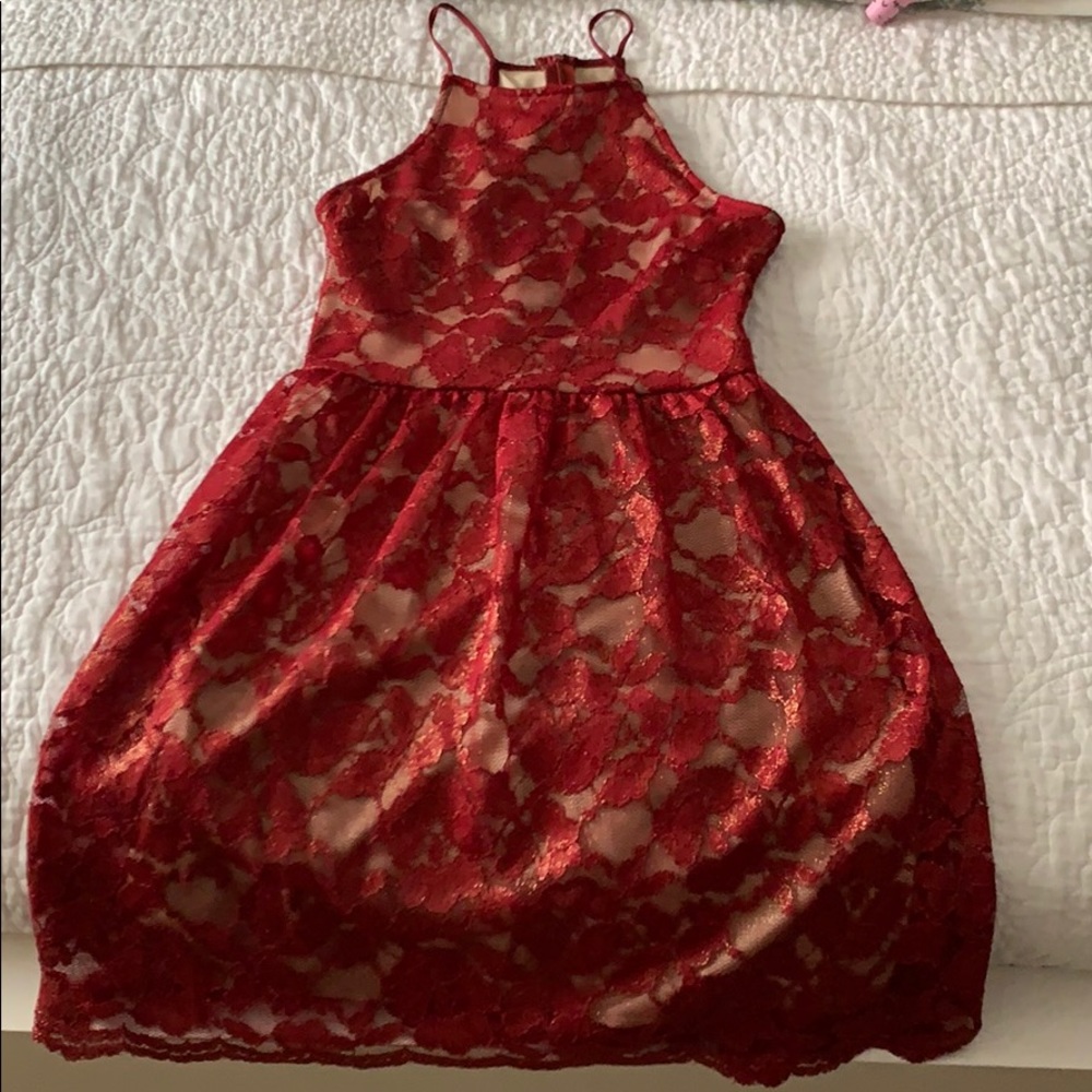 Haltertop Red and Gold Lace mini Dress